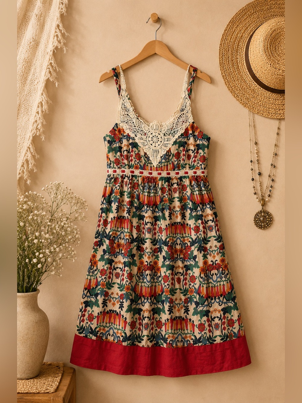 Forever 21 Boho Crochet Lace Floral Mini Dress Strappy Festival M